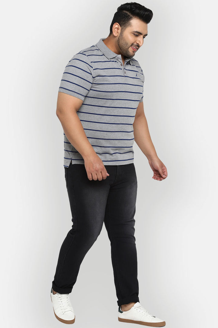 Men's Plus Size Polo Collar Striped T-Shirt - Grey Melange & Navy Blue
