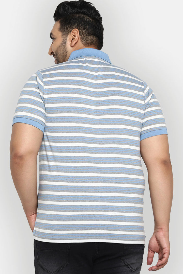 Striped Polo Half Sleeves T-Shirt For Plus Size Men - Bright White, Blue & Grey Melange