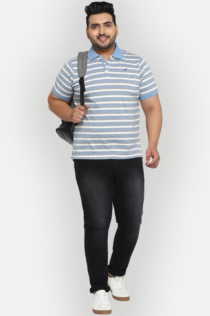 Striped Polo Half Sleeves T-Shirt For Plus Size Men - Bright White, Blue & Grey Melange