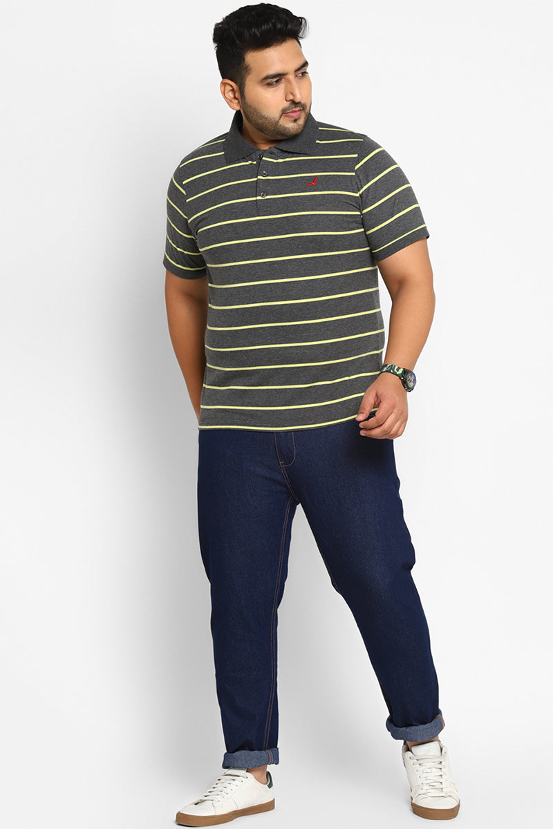 Men's Plus Size Polo Collar Yarn Dyed Stripes T-Shirt - Light Green & Anthra Melange