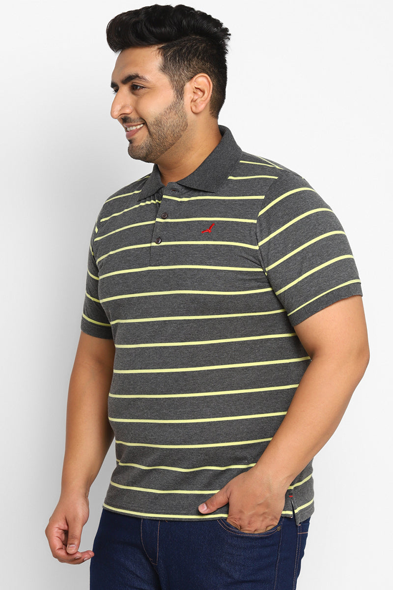 Men's Plus Size Polo Collar Yarn Dyed Stripes T-Shirt - Light Green & Anthra Melange