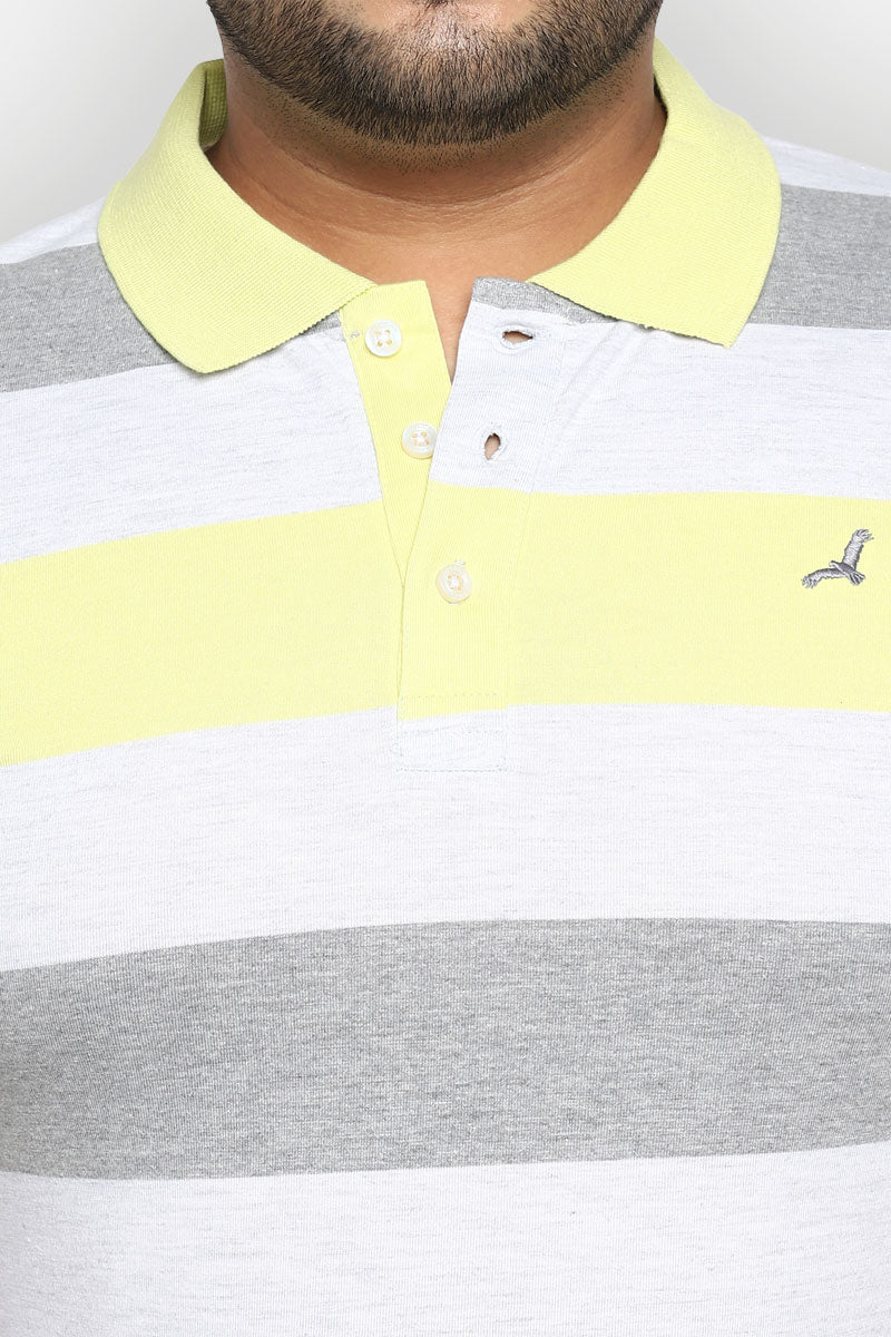 Striped Polo Half Sleeves T-Shirt For Plus Size Men - Ecru Melange, Grey Melange & Light Green