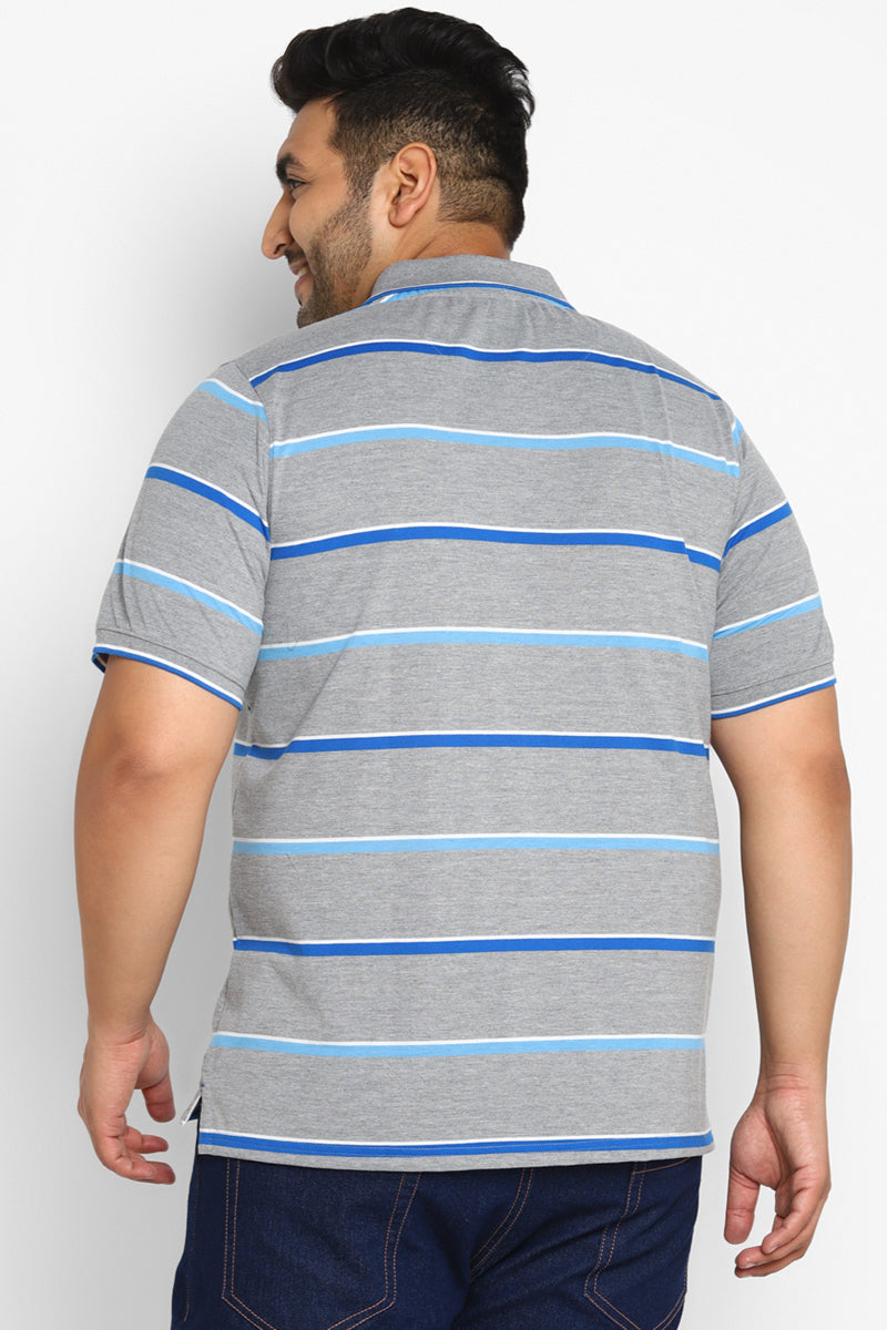 Men's Plus Size Polo Collar Yarn Dyed Striped T-Shirt - Grey / Blue