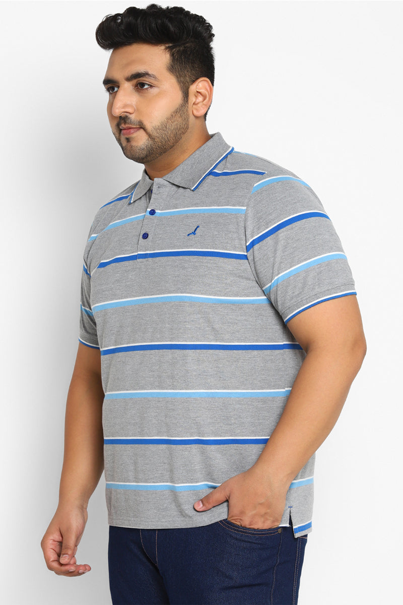 Men's Plus Size Polo Collar Yarn Dyed Striped T-Shirt - Grey / Blue