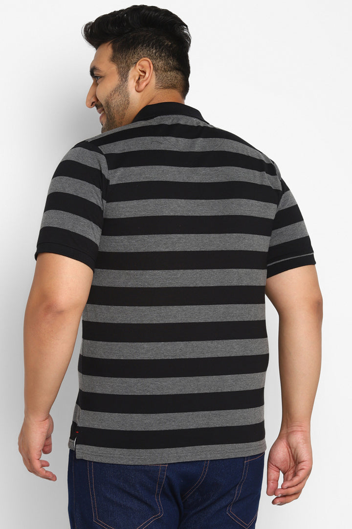 Men's Plus Size Polo Collar Yarn Dyed Striped T-Shirt - Black / Grey