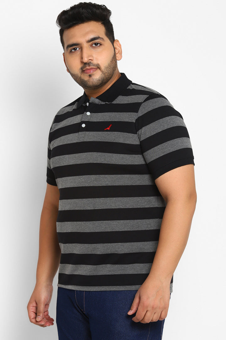 Men's Plus Size Polo Collar Yarn Dyed Striped T-Shirt - Black / Grey