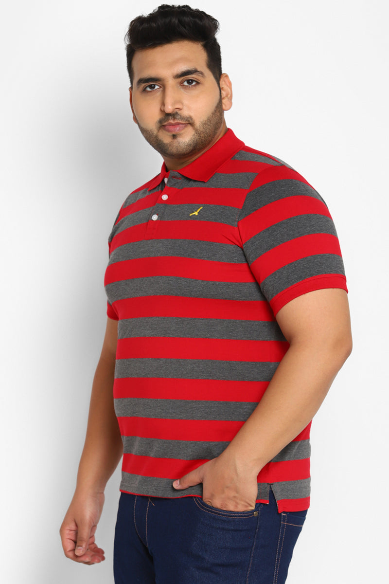 Men's Plus Size Polo Collar Yarn Dyed Striped T-Shirt - Red / Charcoal