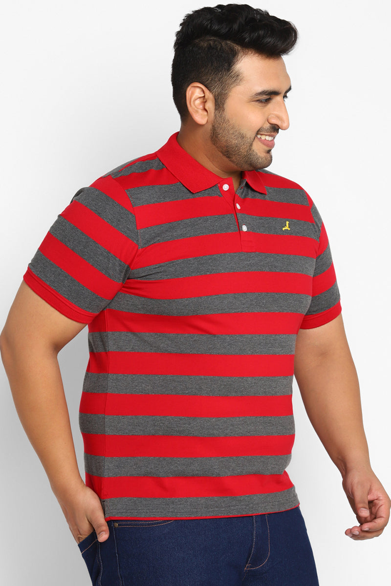 Men's Plus Size Polo Collar Yarn Dyed Striped T-Shirt - Red / Charcoal