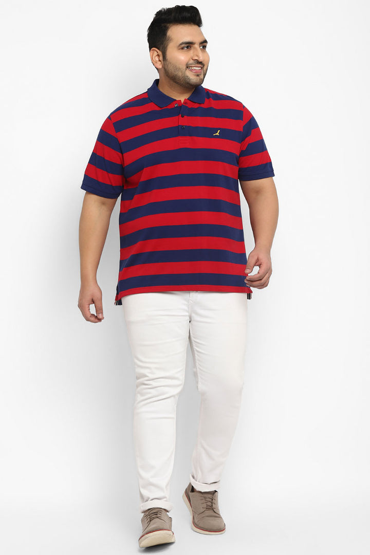 Polo Half Sleeves Striped T-Shirt For Plus Size Men - Red & Navy