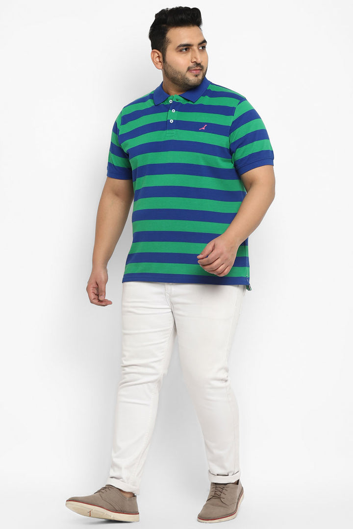 Polo Half Sleeves Striped T-Shirt for Plus Size Men - Green & Royal Blue