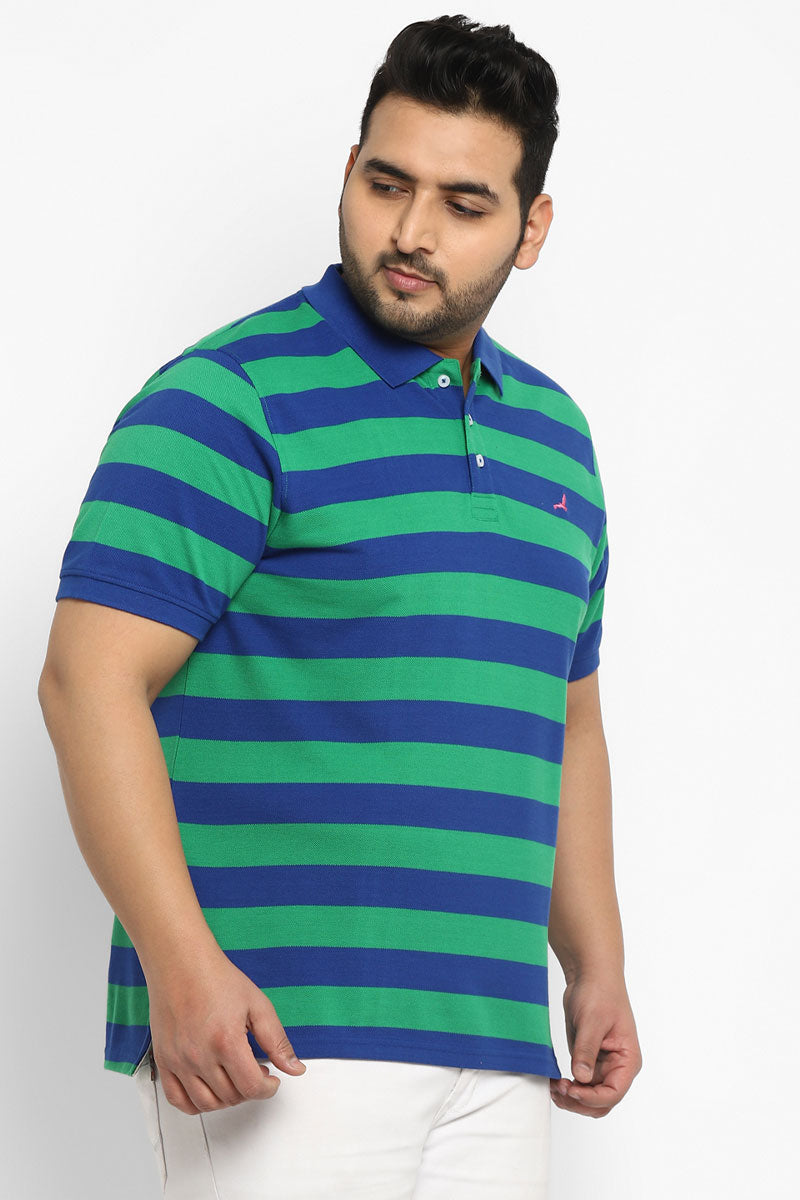 Polo Half Sleeves Striped T-Shirt for Plus Size Men - Green & Royal Blue