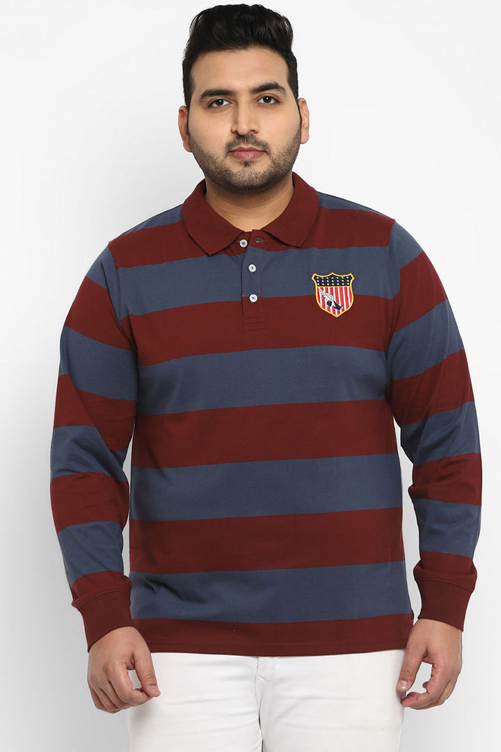 Polo Full Sleeves Striped T-Shirt For Plus Size Men - Navy Blue & Maroon