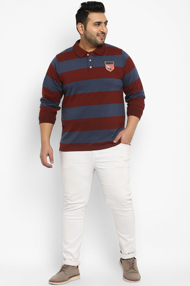 Polo Full Sleeves Striped T-Shirt For Plus Size Men - Navy Blue & Maroon