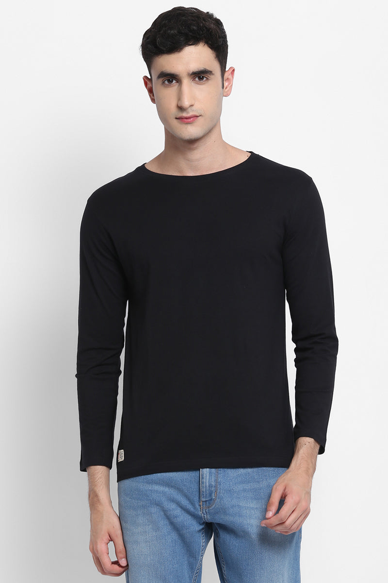 Men's Round Neck Full Sleeves Cotton T-Shirt - Black (Clearance - No Exchange No Return)
