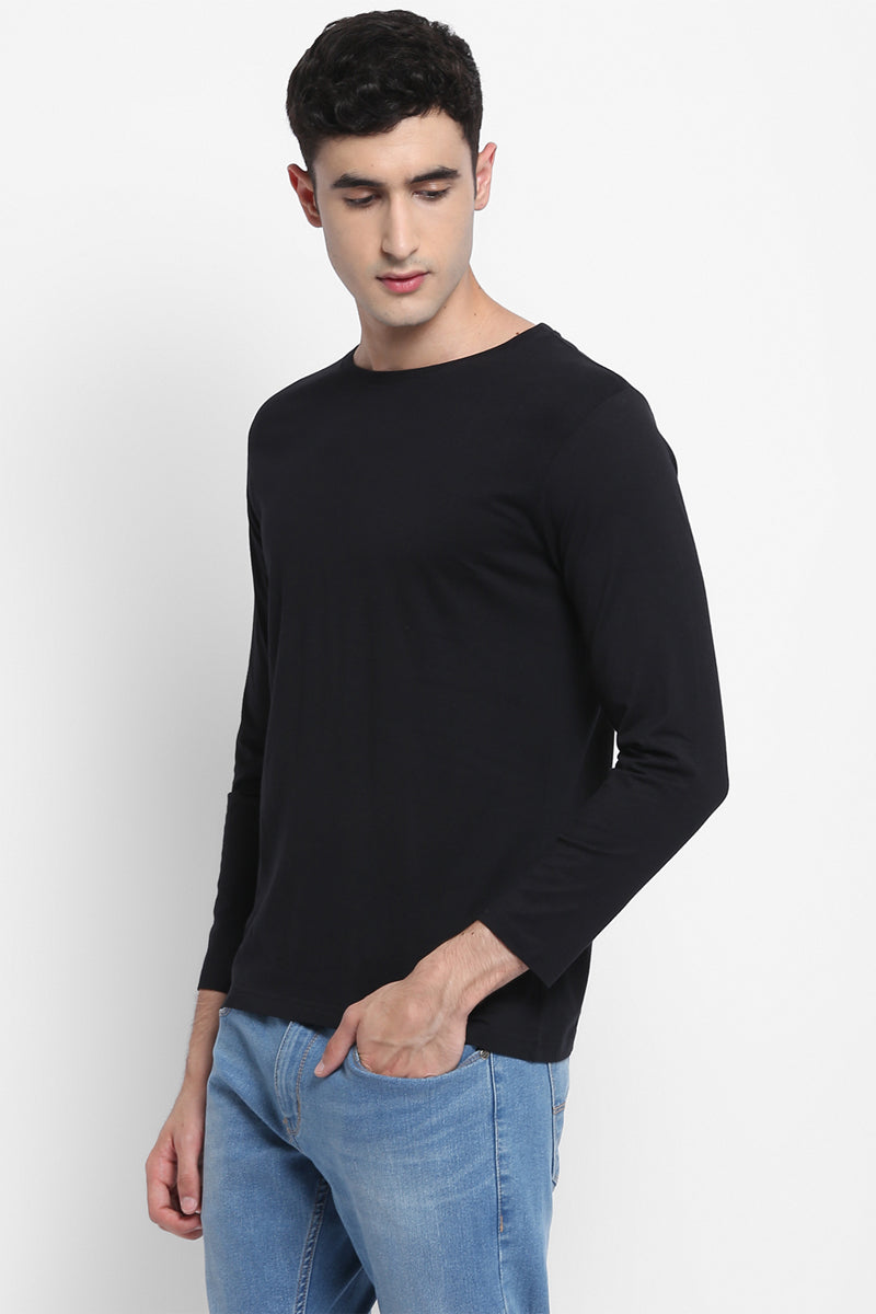Men's Round Neck Full Sleeves Cotton T-Shirt - Black (Clearance - No Exchange No Return)