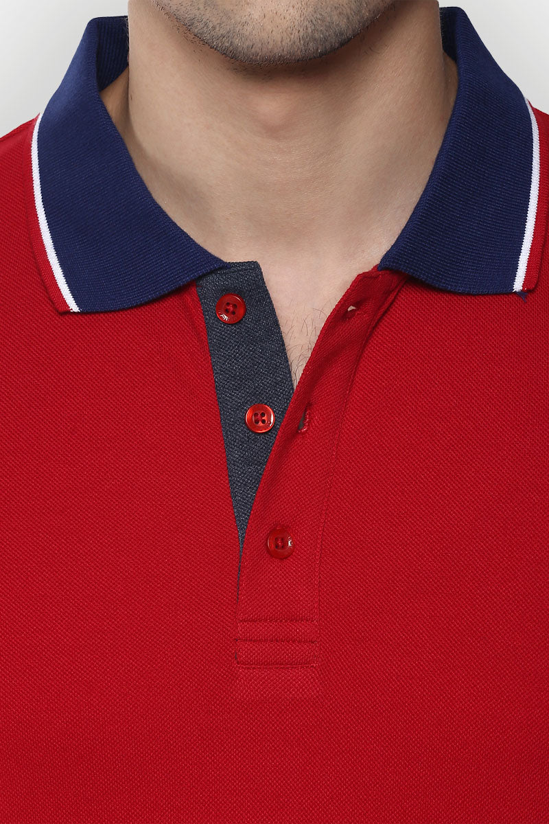 Men's Polo Collar T-Shirt - Red with Contrast Collar