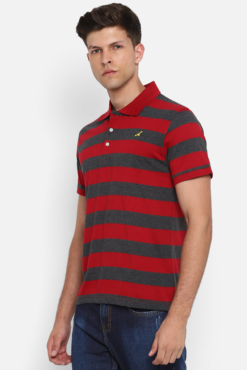 Men's Polo Collar Striped T-Shirt - Red & Charcoal Melange