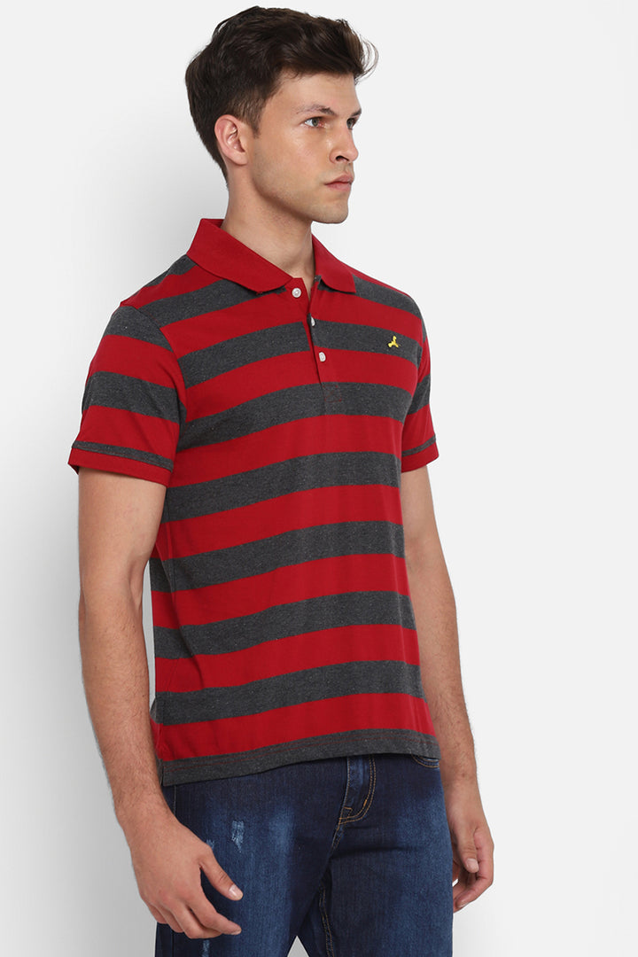 Men's Polo Collar Striped T-Shirt - Red & Charcoal Melange