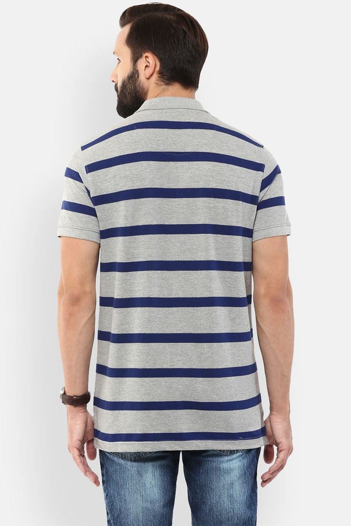 Men's Polo Collar Striped T-Shirt - Grey Melange & Navy Blue