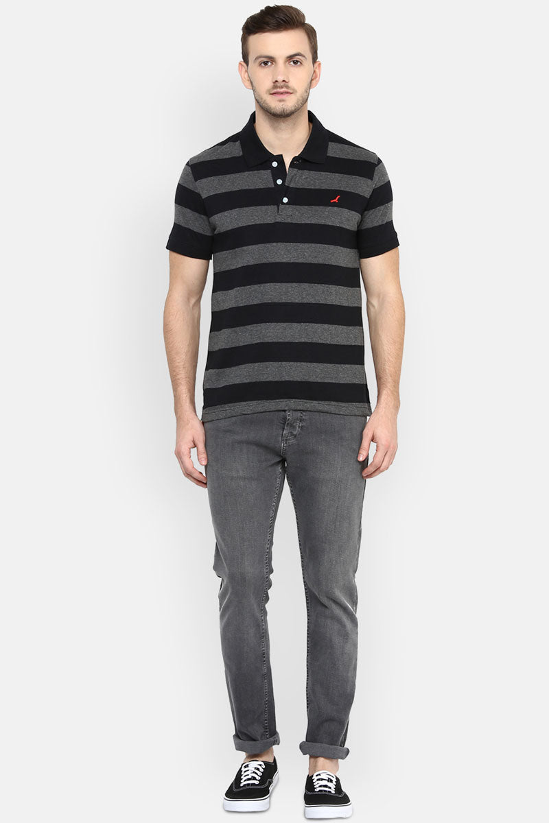 Men's Polo Collar Yarn Dyed Striped T-Shirt - Black / Charcoal