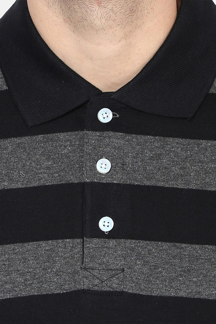 Men's Polo Collar Yarn Dyed Striped T-Shirt - Black / Charcoal