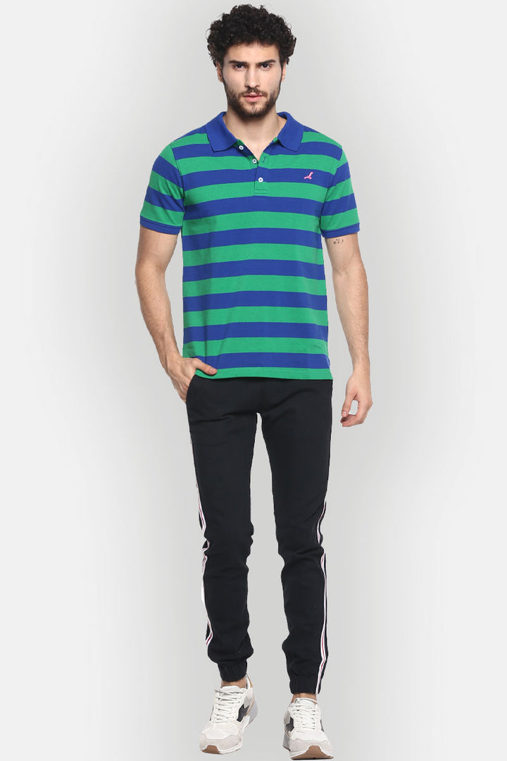 Men's Polo Collar Striped T-Shirt - Green & Blue Yarn Dyed Stripes