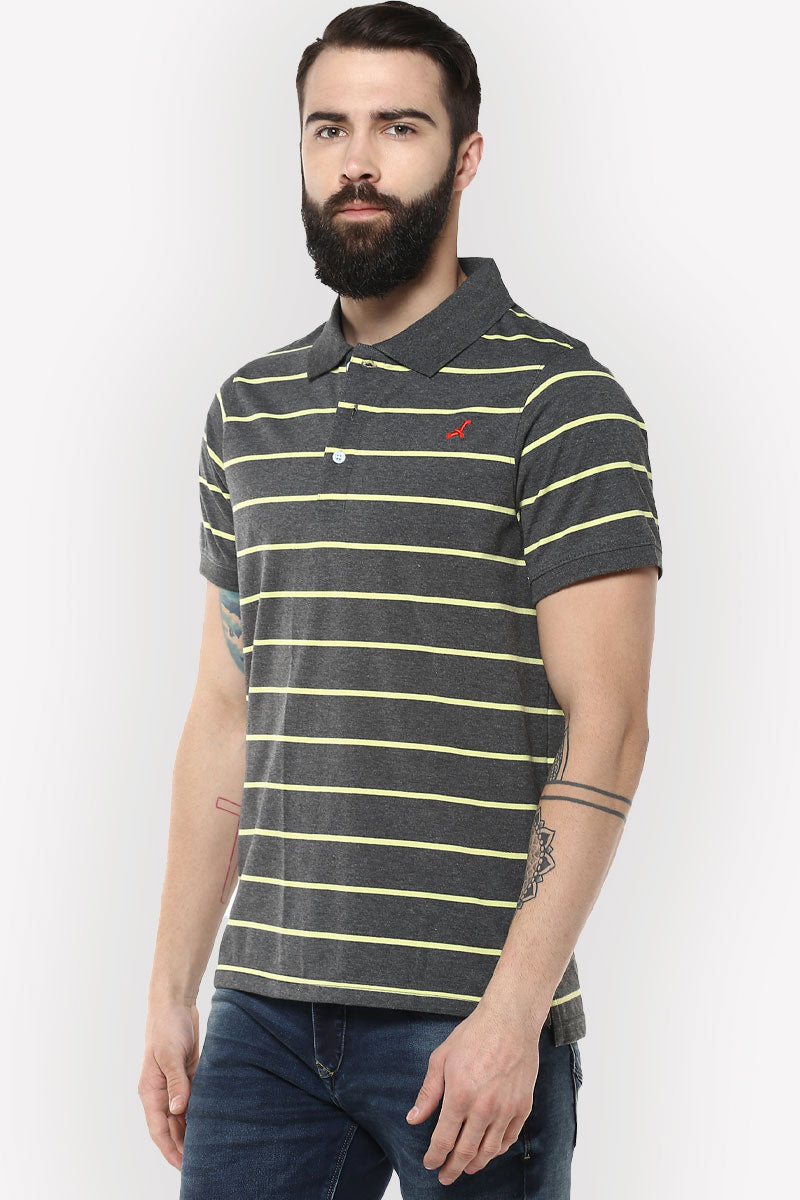 Men's Polo Collar Yarn Dyed Striped T-Shirt - Light Green & Charcoal Melange