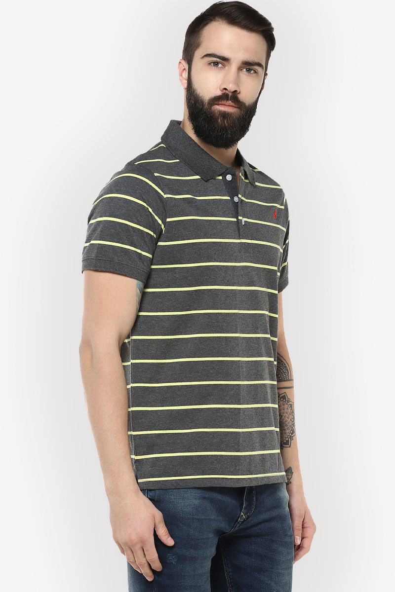 Men's Polo Collar Yarn Dyed Striped T-Shirt - Light Green & Charcoal Melange