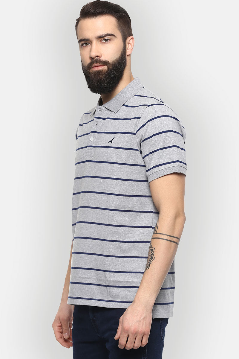 Men's Polo Collar Striped T-Shirt - Grey Melange & Navy Blue