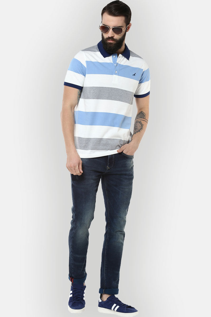 Men's Polo Collar Yarn Dyed Striped T-Shirt - White, Blue, Grey melange