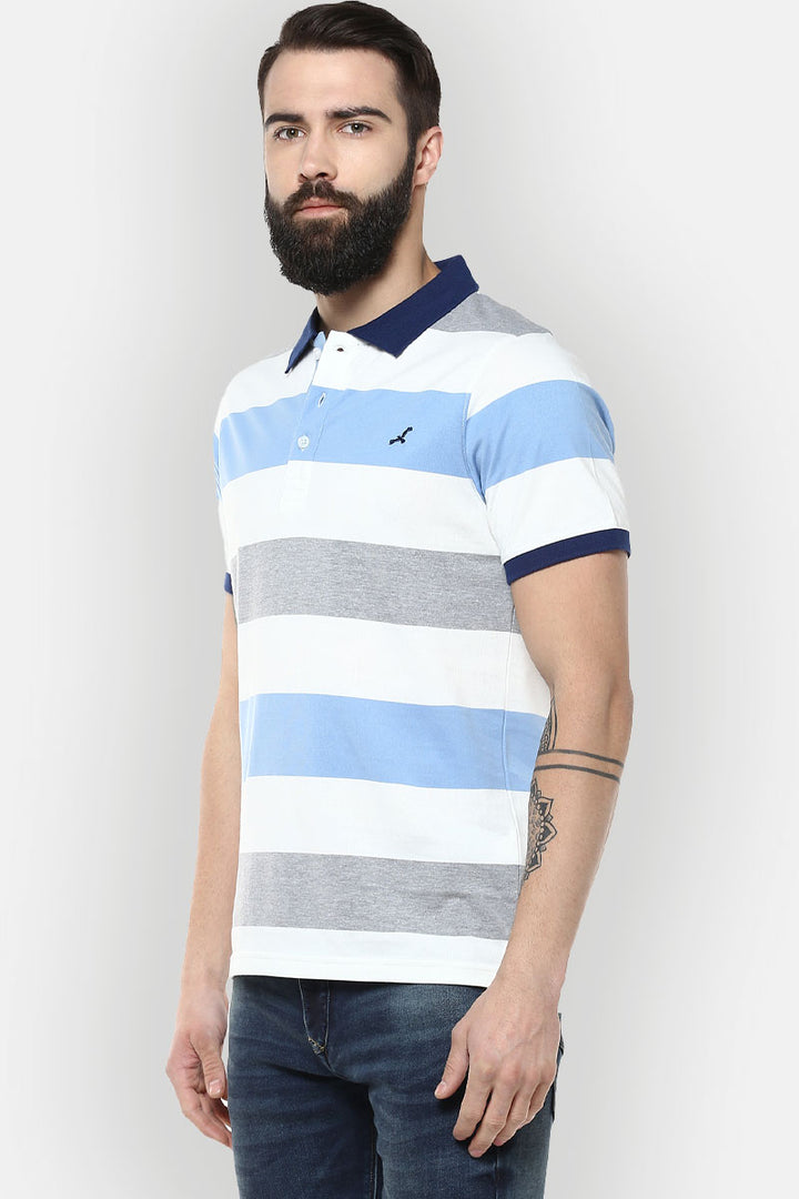 Men's Polo Collar Yarn Dyed Striped T-Shirt - White, Blue, Grey melange