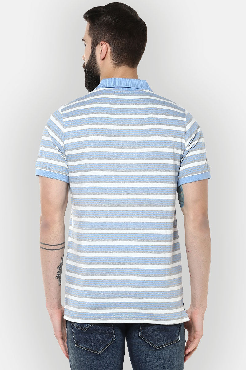 Men's Polo Collar Yarn Dyed Striped T-Shirt - White, Blue Grey Melange