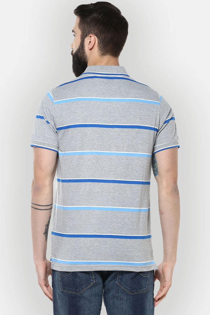 Men's Polo Collar T-Shirt - Grey Melange, Royal Blue, White & Blue