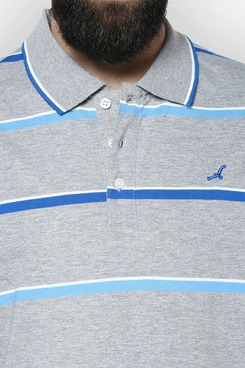Men's Polo Collar T-Shirt - Grey Melange, Royal Blue, White & Blue