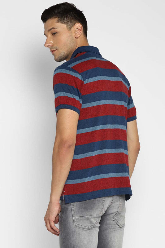 Premium Basics 100% Cotton Men's Polo Yarn Dyed Striped T-Shirt - Wine & Blue