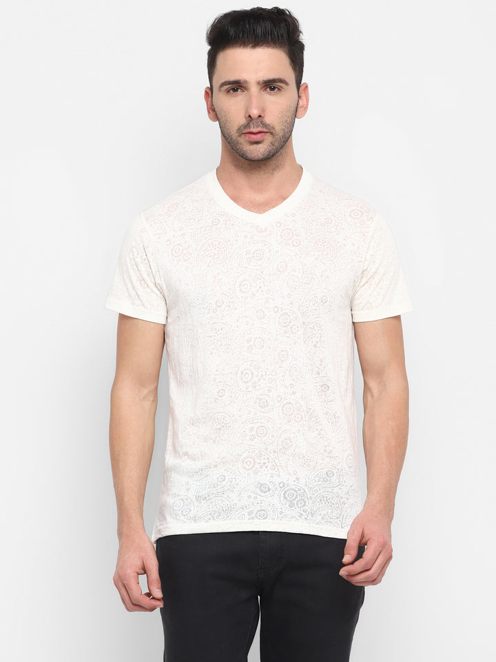 V-Neck T-Shirt for Men Burntout Fabric - Off White
