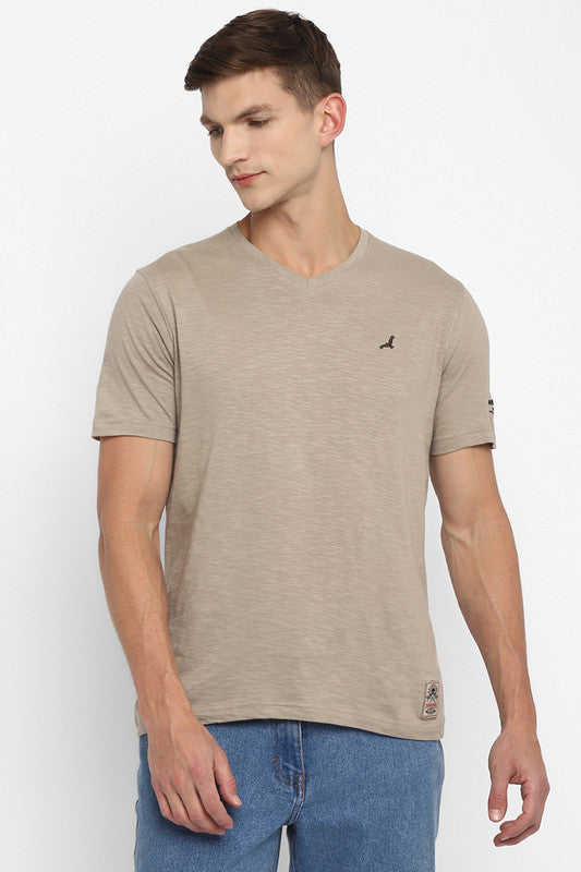 Cotton Men's Half Sleeves V Neck T-Shirt - Beige (Clearance - No Exchange No Return)