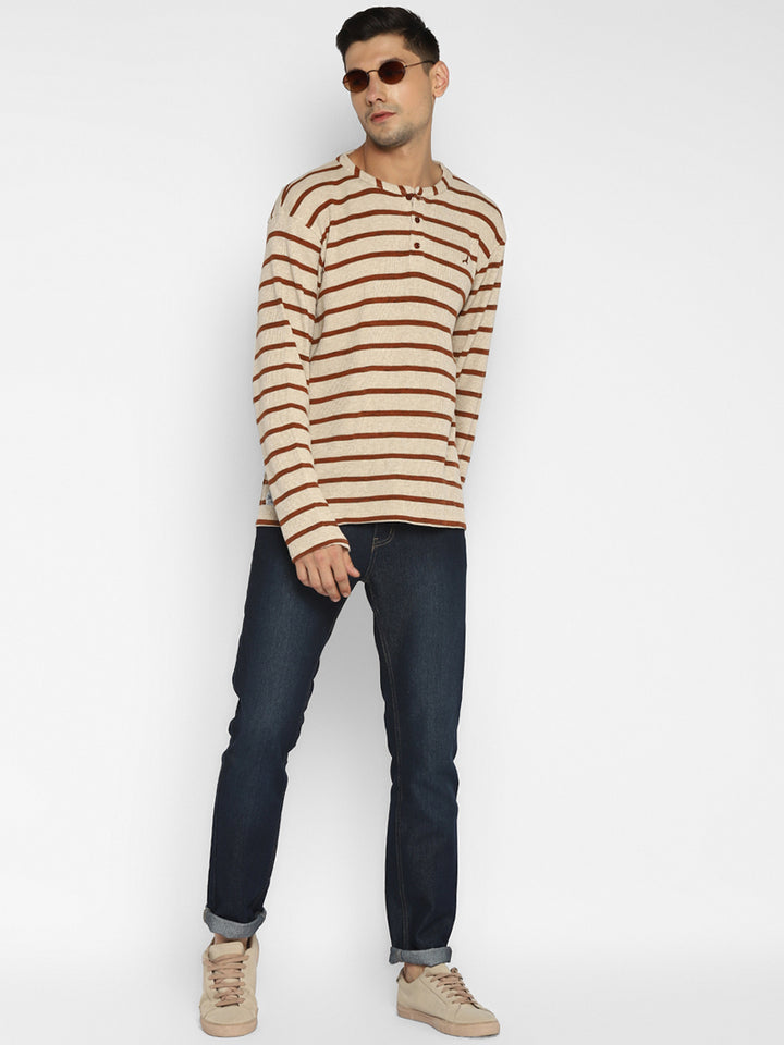 Men's Henley Full Sleeves Yarn Dyed Stripes T-Shirt (Clearance - No Exchange No Return)