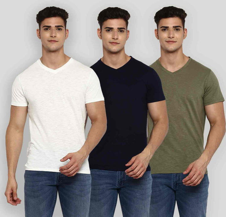 100% Cotton V-Neck Half Sleeves T-Shirt Combo Pack of 3 for Men - Navy, Olive & Off White