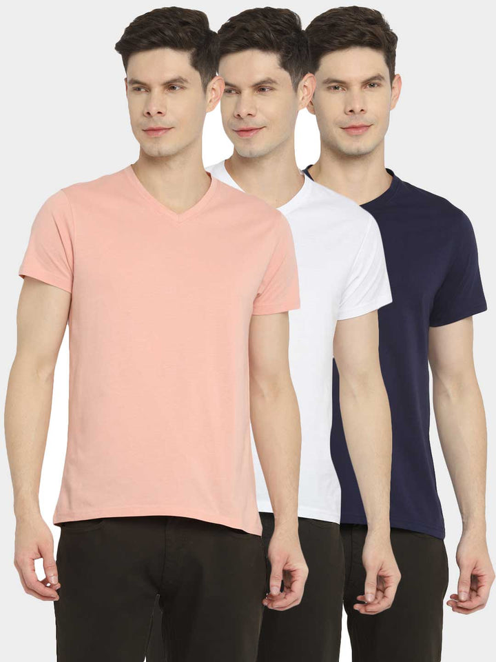 V-Neck Half Sleeves T-Shirt Combo Pack of 3 for Men - White, Navy & Peach