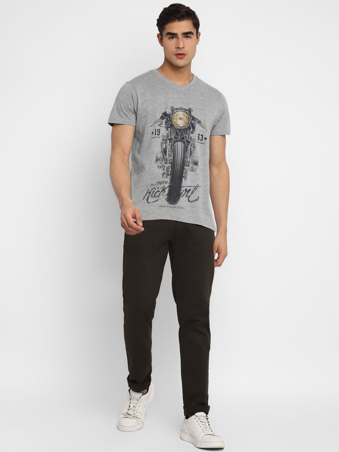 Printed V Neck T-Shirt For Men - Grey Melange