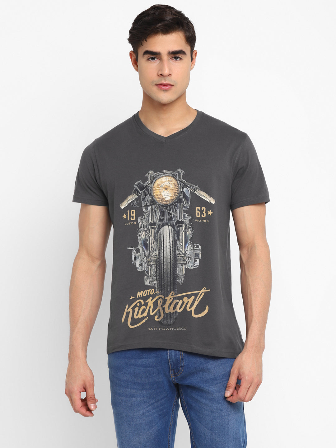 100% Cotton Printed V Neck T-Shirt For Men - Gargoyle Grey