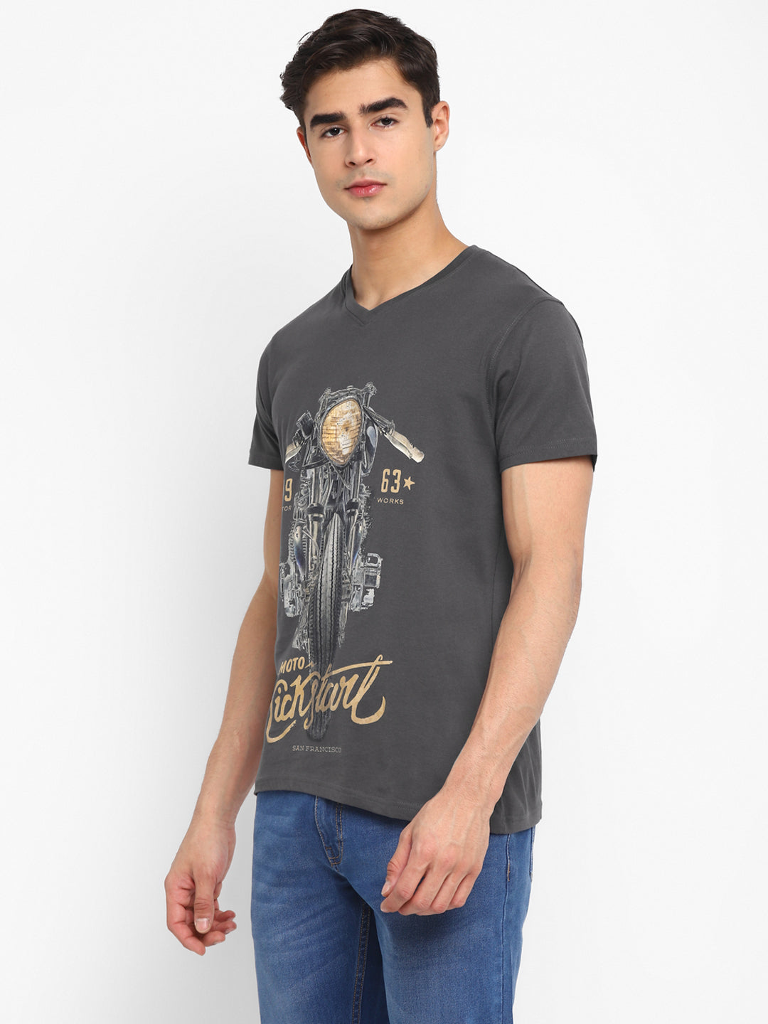 100% Cotton Printed V Neck T-Shirt For Men - Gargoyle Grey