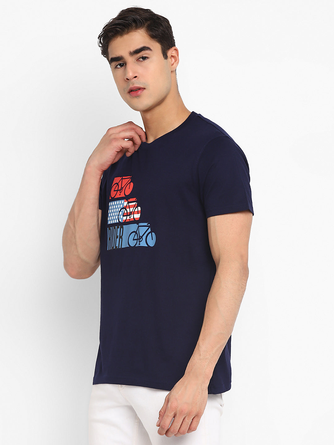 100% Cotton Printed Round Neck T-Shirt For Men - Navy