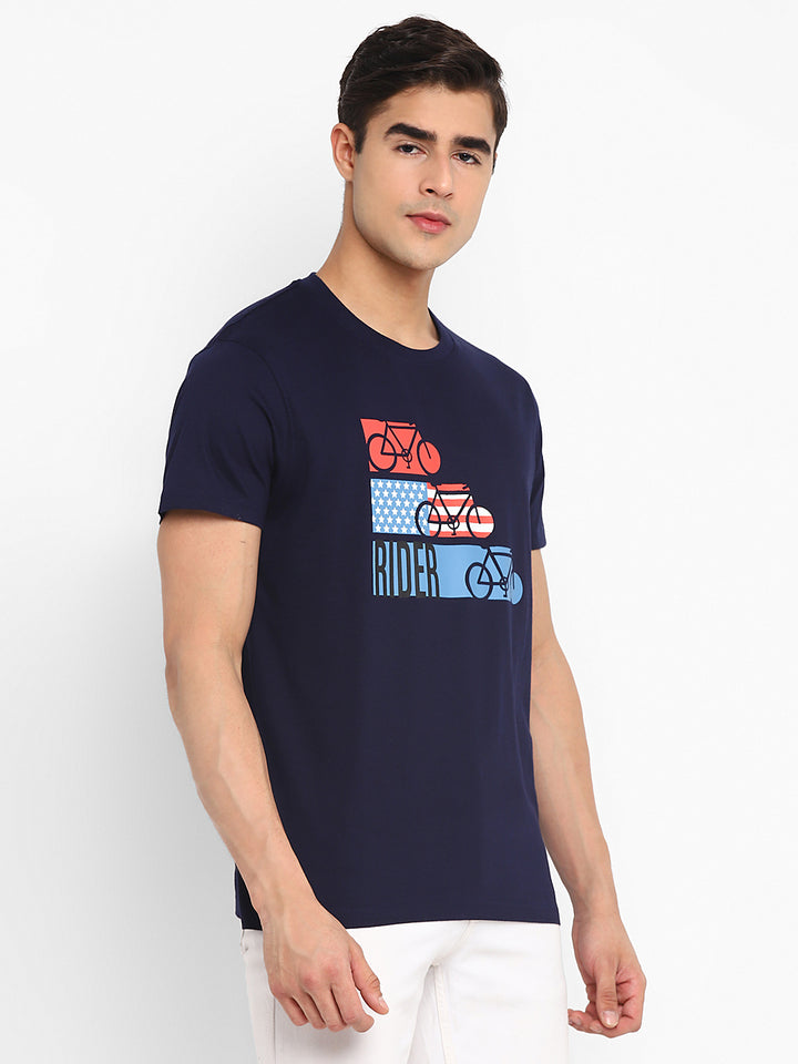 100% Cotton Printed Round Neck T-Shirt For Men - Navy