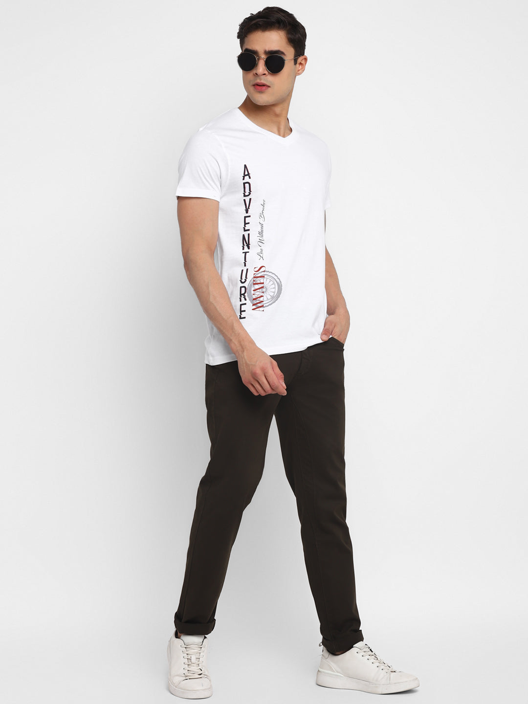 100% Cotton Printed V Neck T-Shirt For Men - White