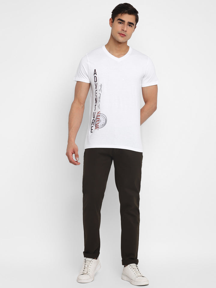 100% Cotton Printed V Neck T-Shirt For Men - White