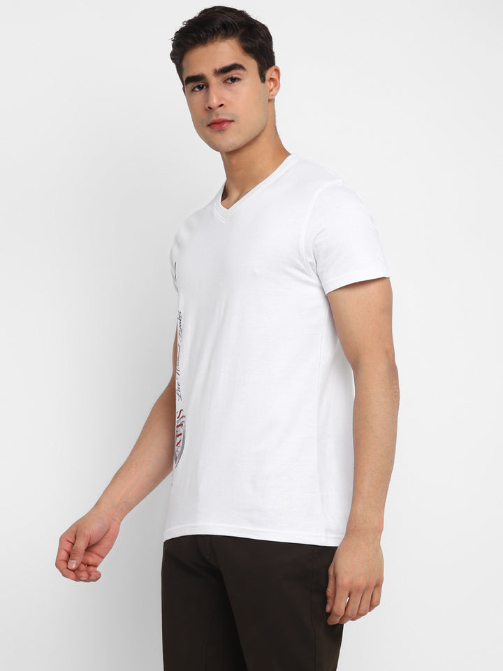 100% Cotton Printed V Neck T-Shirt For Men - White