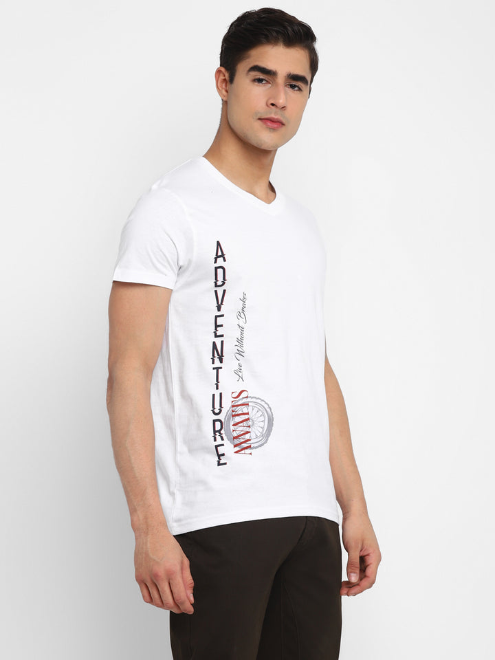 100% Cotton Printed V Neck T-Shirt For Men - White