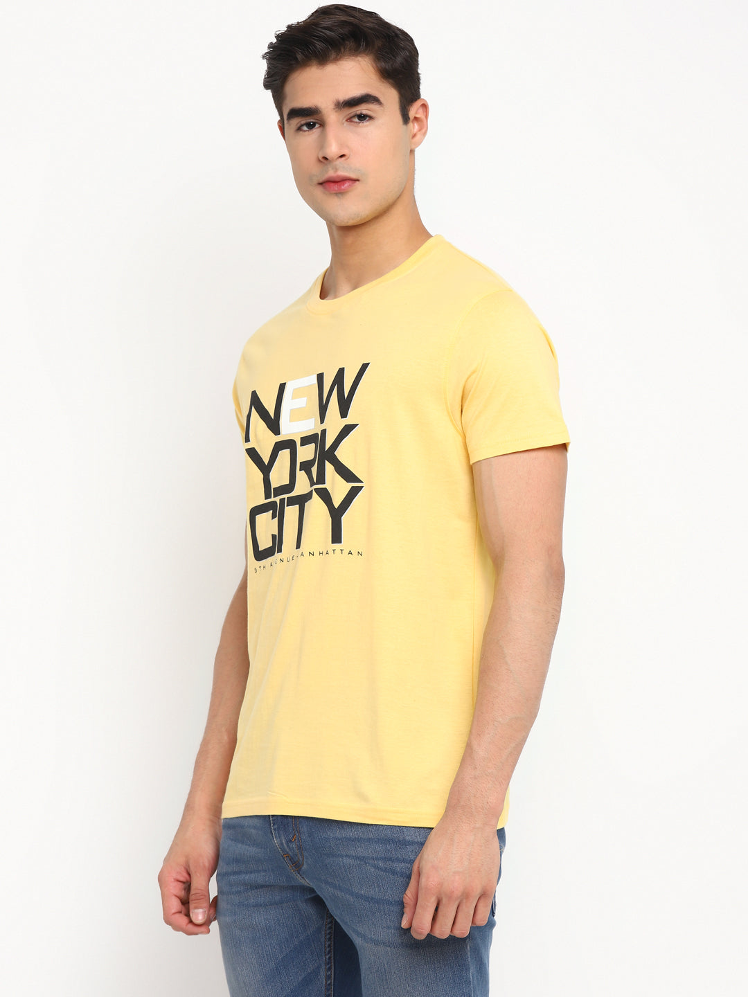 100% Cotton Printed Round Neck T-Shirt For Men - Light Yellow